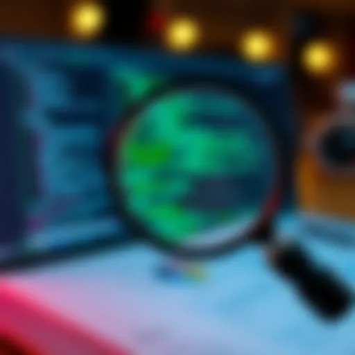 A magnifying glass over a computer screen, examining code and documents related to a software bug.
