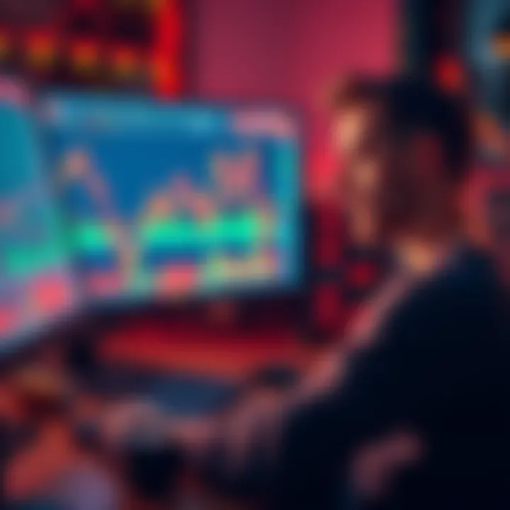 Investing Calmly A person calmly checking stock market charts on a computer, showing a graph with dips and rises while sipping coffee.
