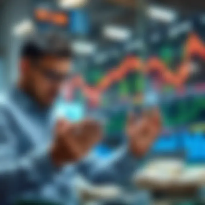 An investor checking market prices on a smartphone while keeping cash ready for buying opportunities.