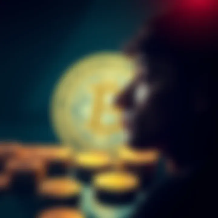 A person contemplating investing money with a Bitcoin symbol in the background