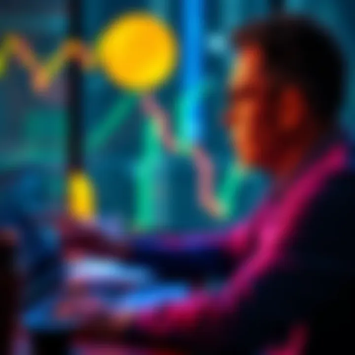 A person contemplating Bitcoin investment with a laptop and cryptocurrency graphics on the screen