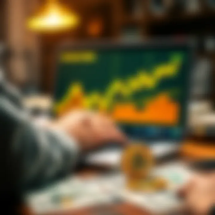 Investing in Bitcoin Person looking at a Bitcoin chart on a laptop, with dollar bills and a Bitcoin coin on the table