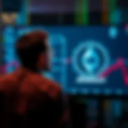 A person contemplating investment options with Cardano and Ethereum logos on a digital screen