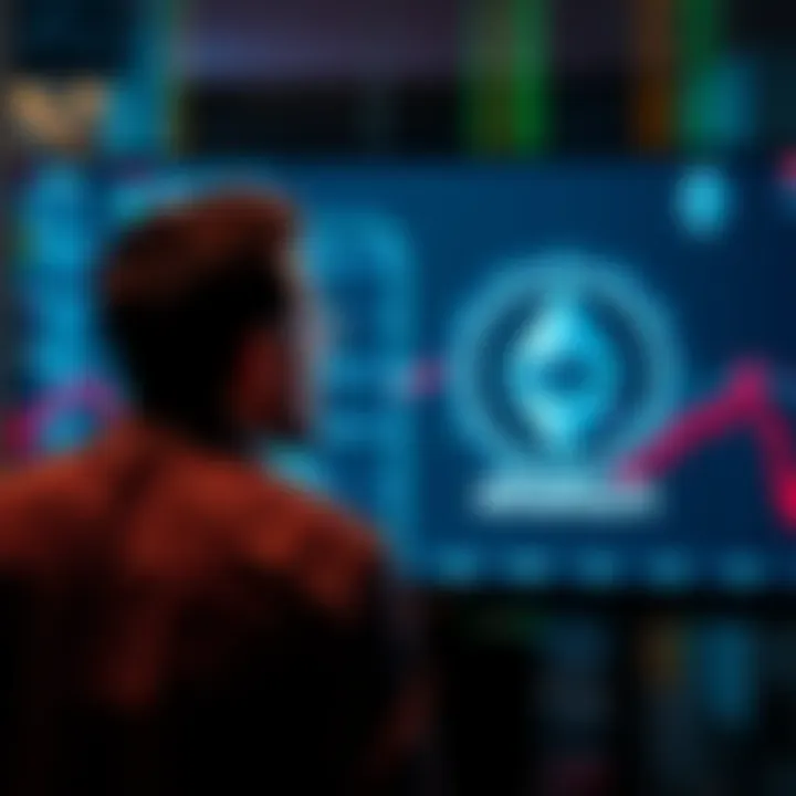 A person contemplating investment options with Cardano and Ethereum logos on a digital screen