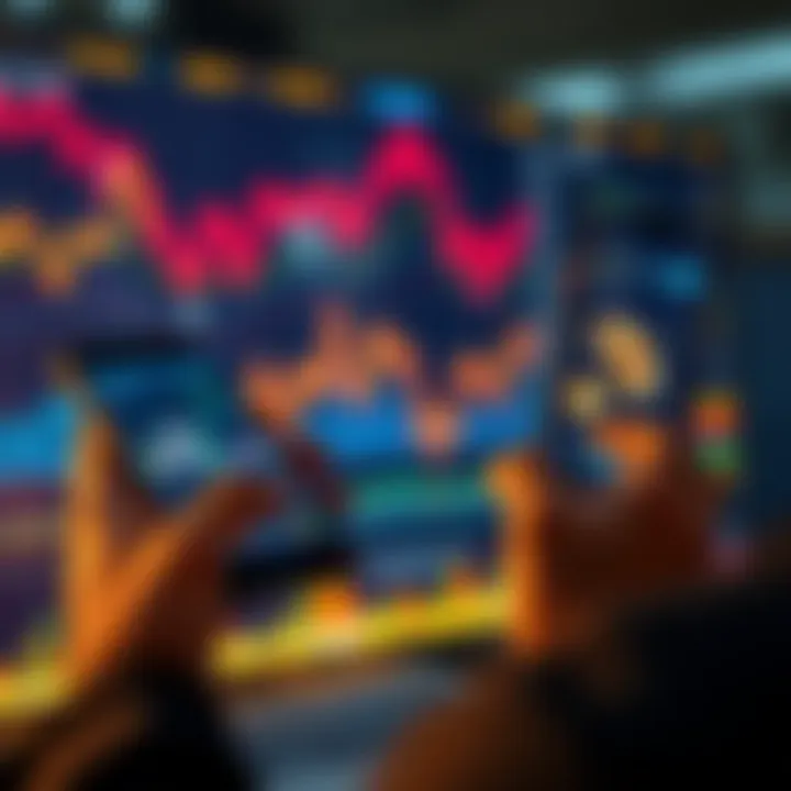 A person analyzing cryptocurrency charts and graphs while holding a smartphone showing digital coins