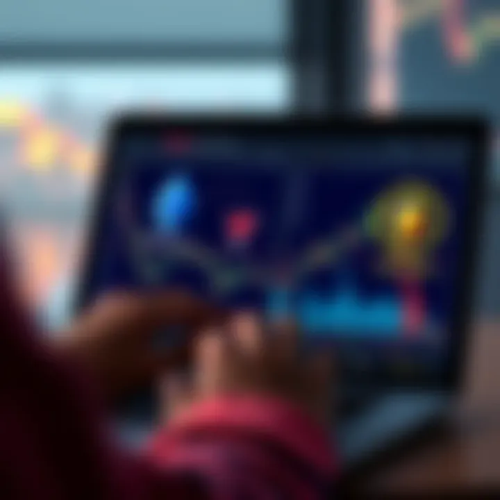 A person reviewing cryptocurrency charts on a laptop with Ethereum and Solana logos displayed