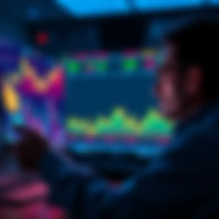 A person analyzing investment charts with Hedera coins displayed, thinking about daily investment strategies.