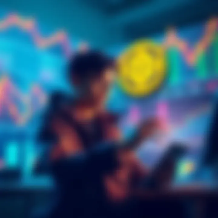 A graphic showing a person analyzing market trends and making investments in Kaspa cryptocurrency.