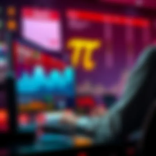 A person analyzing Pi cryptocurrency trends on a computer, with dollar signs and a calendar showing March 14th in the background.