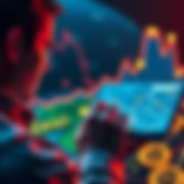 A person examining a digital map symbolizing land investment with a background of rising cryptocurrency graphics