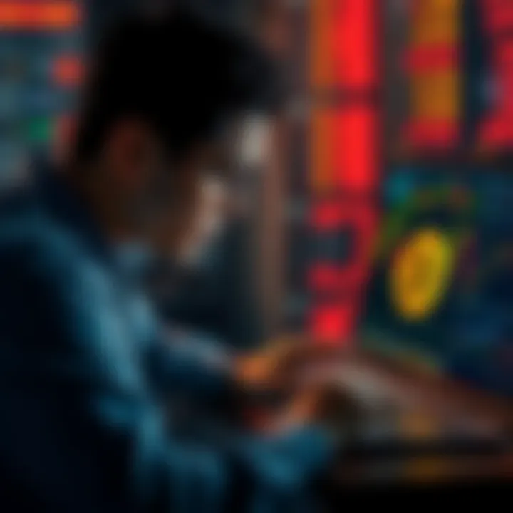 A person looking worried while checking stock market charts on a laptop, with a Bitcoin logo on the screen, representing the challenges of dollar-cost averaging in tough market conditions.