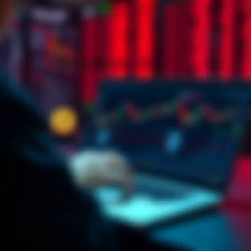 A person analyzing cryptocurrency and stock charts on a laptop, with Bitcoin and Ethereum symbols visible on the screen.