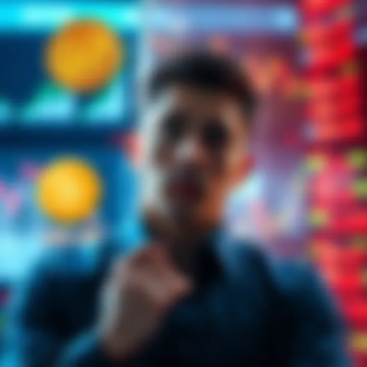 A person contemplating investment choices between Bitcoin and stocks, with visual elements representing both options.
