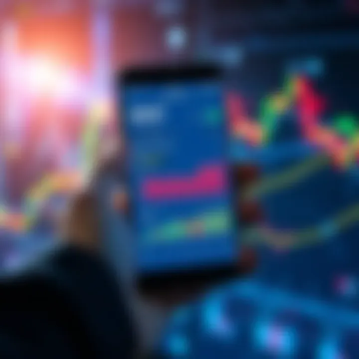 A person holding a smartphone displaying HBAR charts amidst a fluctuating market background