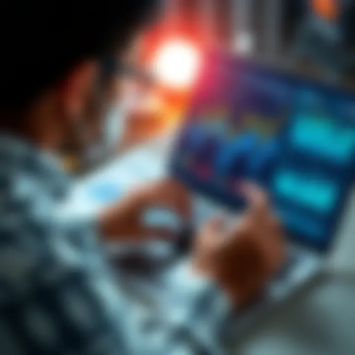 A person analyzing HBAR investment trends on a laptop with financial charts and graphs