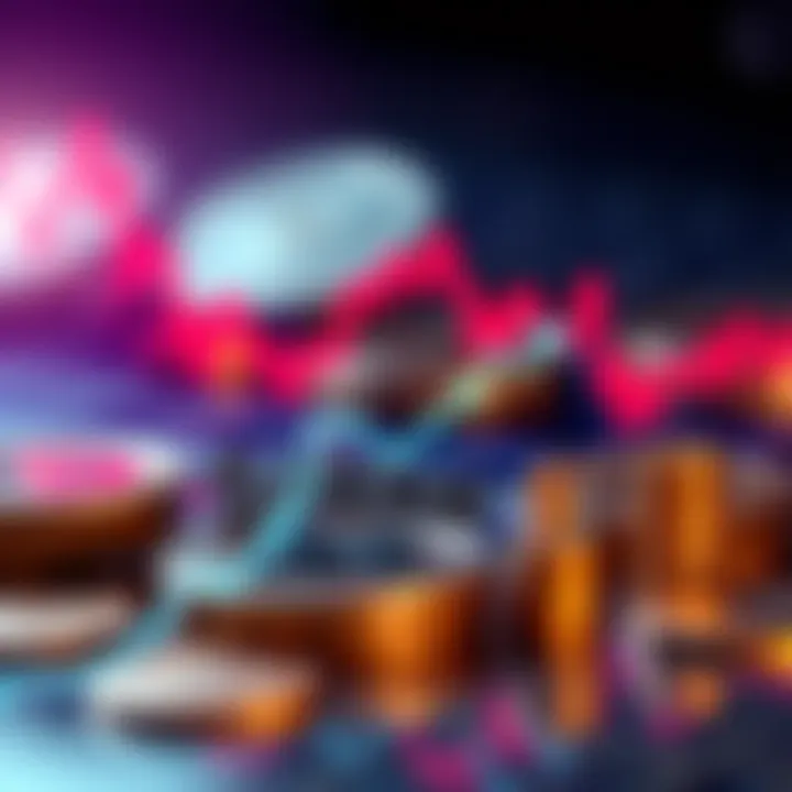 A graph showing a dip and potential rise in $ARB's value with a background of coins and a bullish trend line.