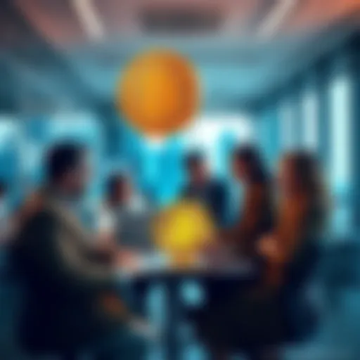 A group of diverse investors discussing Bitcoin in a modern office setting.