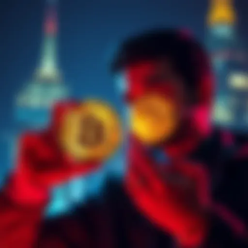 A person is examining a Bitcoin symbol while considering an investment opportunity.