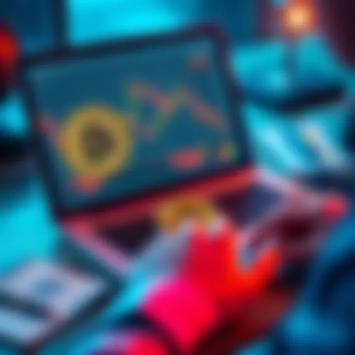 A person analyzing Bitcoin charts on a laptop with financial graphs and notes around them