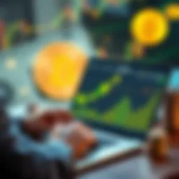 A person analyzing cryptocurrency trends on a laptop with a backdrop of U.S. Treasury bonds and Bitcoin graphics, symbolizing the shift in investment focus.