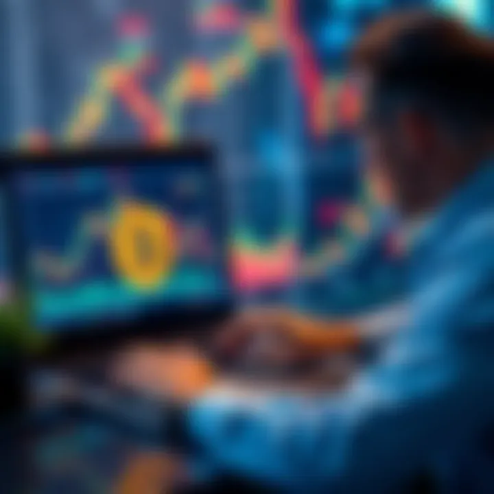 A person analyzing Bitcoin charts on a laptop, with a graph showing market trends in the background, representing investment strategies.