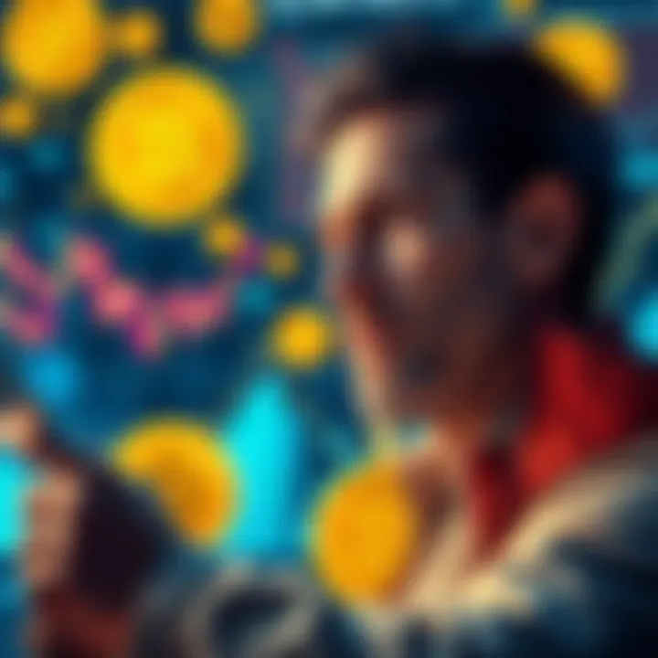 A person contemplating a Bitcoin investment strategy with graphs and Bitcoin symbols around them