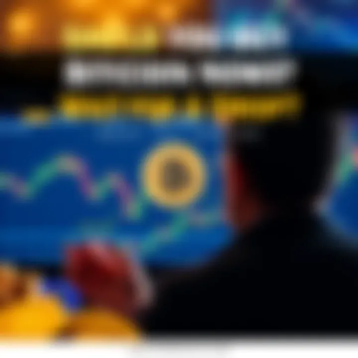 A person considering whether to invest in Bitcoin, looking at graphs and charts of Bitcoin prices, with gold and stock icons in the background.