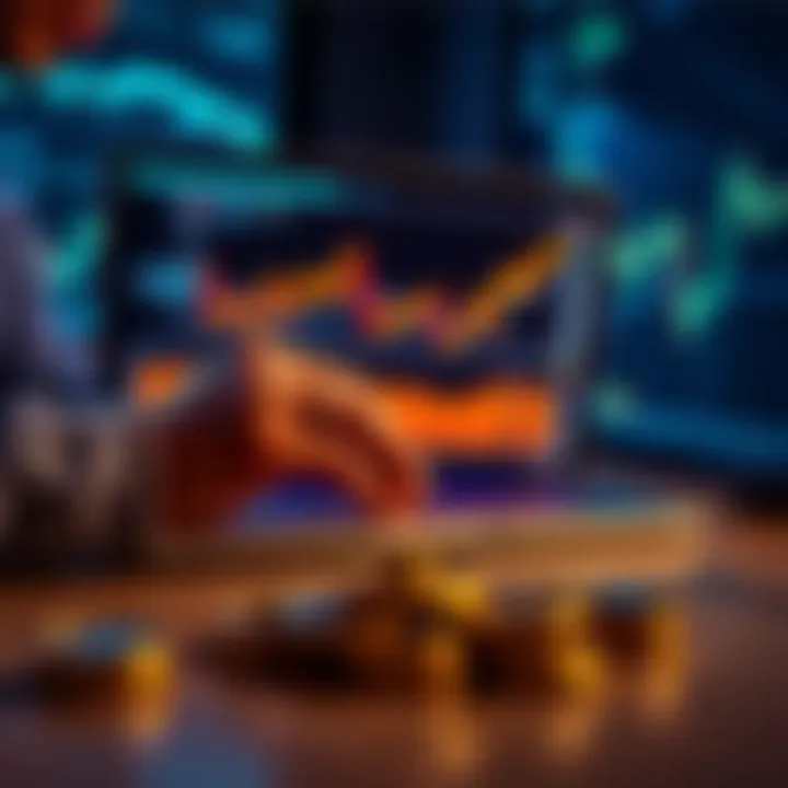 A person analyzing cryptocurrency charts and graphs on a laptop with coins on the table.