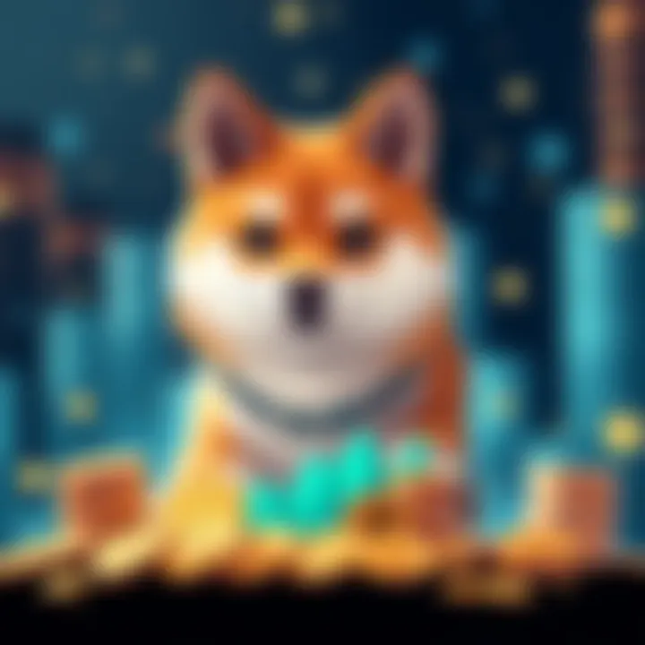 A digital illustration of a Shiba Inu dog with coins and a graph showing growth, representing investment in SHIB cryptocurrency.