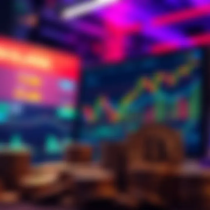 A person looking at a digital screen showing Solana's price charts with stacks of coins in the foreground