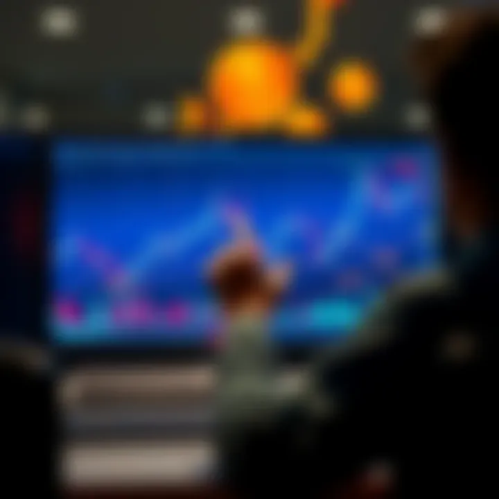 A person analyzing stock market trends on a computer screen with financial graphs and BTC icons in the background