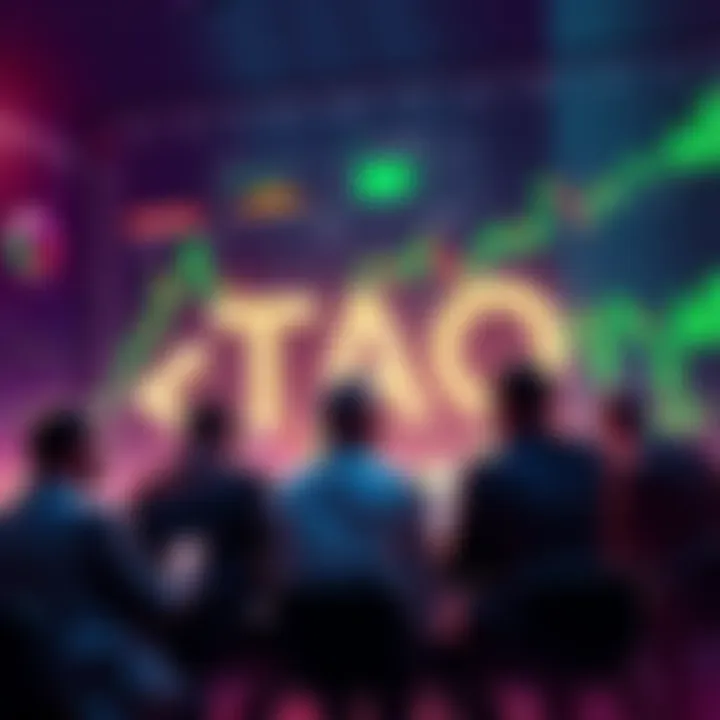 A group of investors discussing strategies for investing in TAO, surrounded by charts and financial graphs, showing a commitment to navigating market fluctuations.