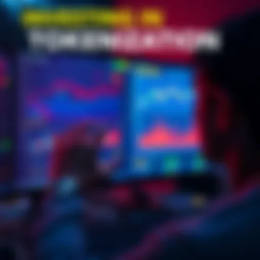 A person looking at a computer screen displaying graphs and images of tokenized assets like oil and real estate.