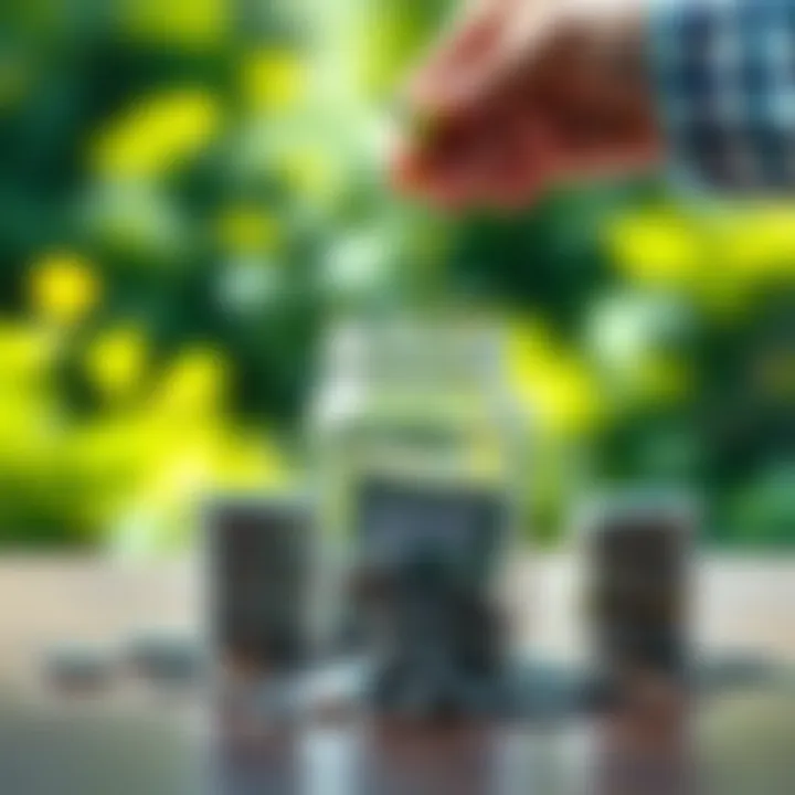 A person placing a stack of cash into a clear jar labeled 'Investment' with a plant growing from the jar, symbolizing growth over time.