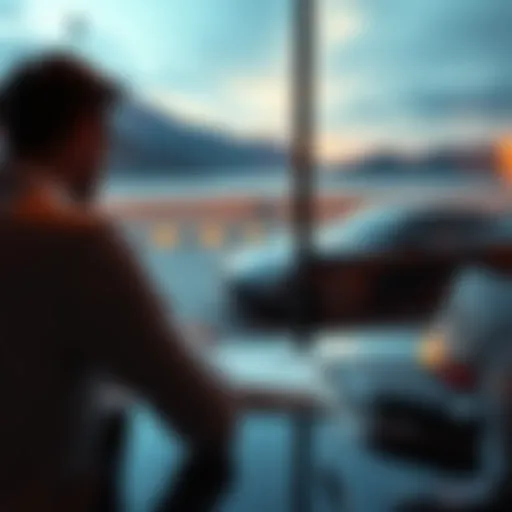 A person sitting at a desk, analyzing investments on a laptop while a luxury car is parked outside the window, symbolizing the choice between investment and immediate luxury.