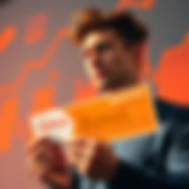 A person contemplating a financial decision, holding a bonus check with orange graphics in the background representing the orange pill investment trend.