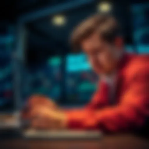 An investor looking worried while examining a declining stock chart on a laptop, symbolizing missed opportunities in the market