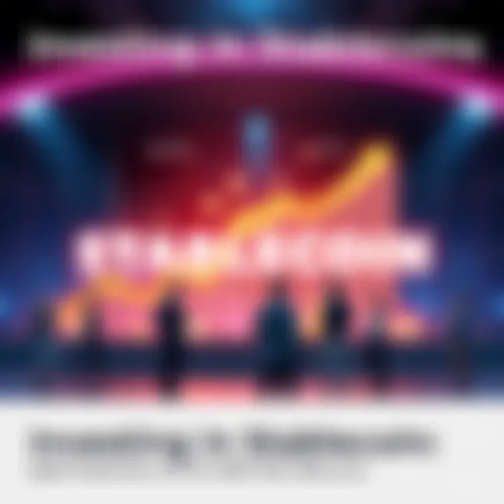 A visual representation of stablecoin pools with financial growth symbols, showing an upward trend in returns, and people discussing investment options.