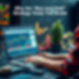 A person analyzing charts and cryptocurrencies on a laptop, with graphs showing profits and losses, symbolizing active investment management.