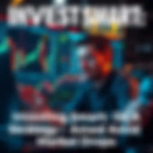 A person analyzing stock market trends on a laptop while looking calm and focused, with charts showing fluctuations in cryptocurrency and stocks in the background.