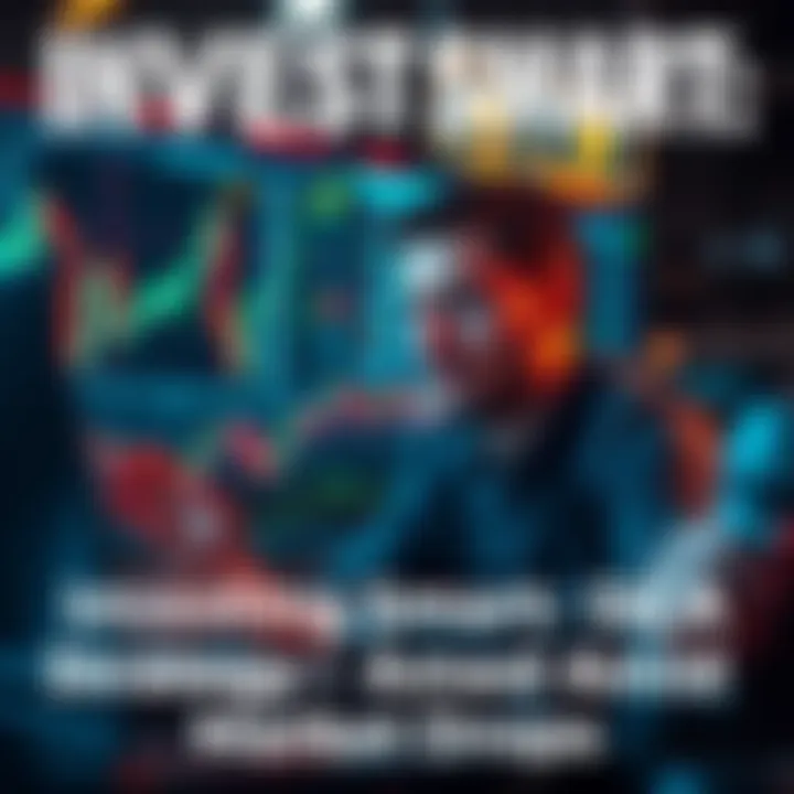 A person analyzing stock market trends on a laptop while looking calm and focused, with charts showing fluctuations in cryptocurrency and stocks in the background.