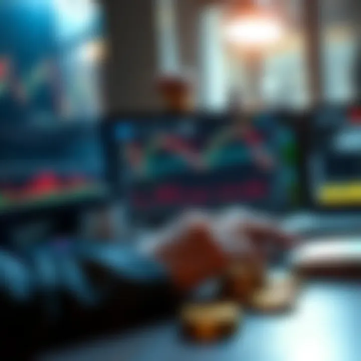 A person analyzing Bitcoin charts on a computer, with USDC coins visible on the table
