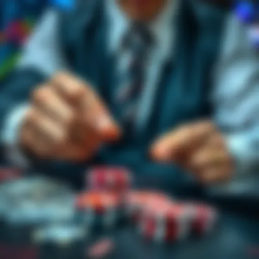 A person comparing stocks and casino chips on a table, with money in the background.
