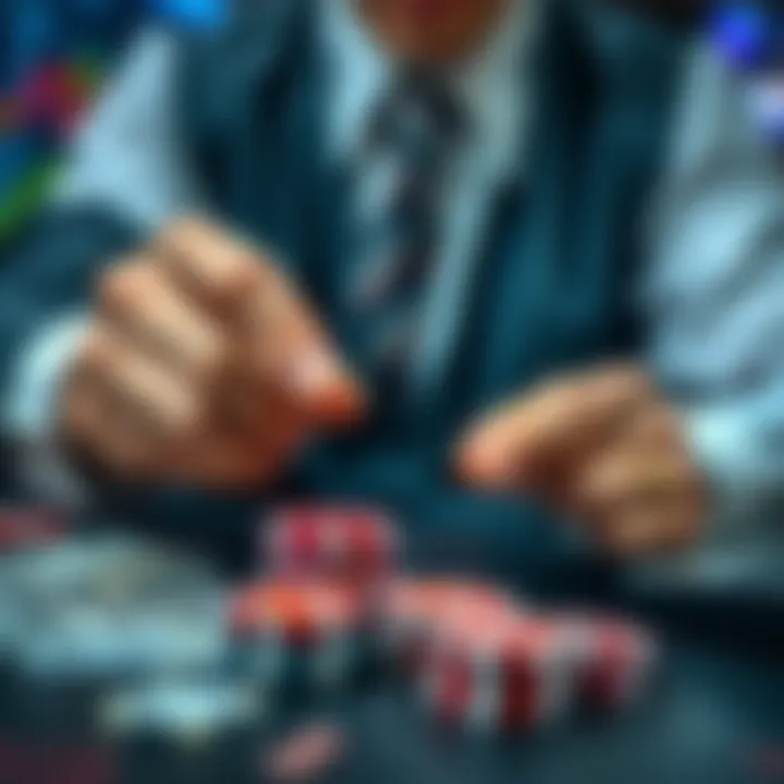 A person comparing stocks and casino chips on a table, with money in the background.