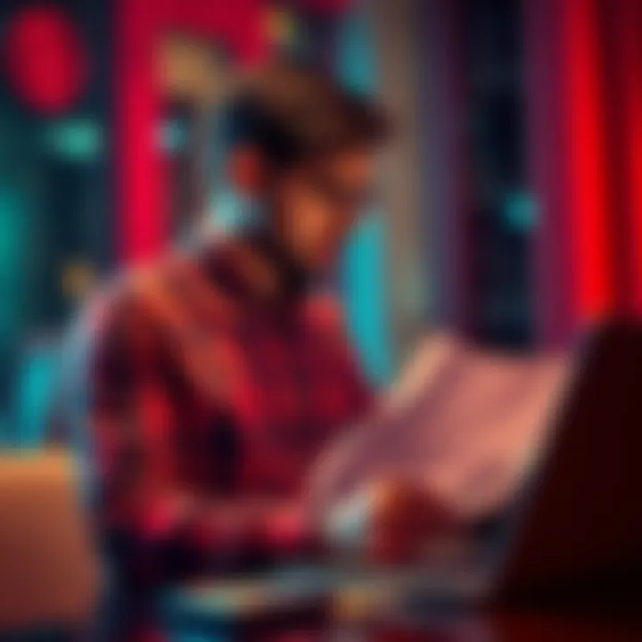 Individual looking at financial documents with a calculator and a laptop, contemplating investment choices