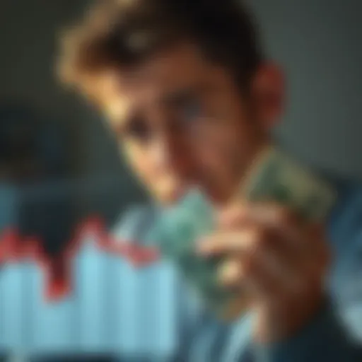 A person looking worriedly at a declining financial graph with cash in hand, symbolizing the struggle between investments and holding cash during the war.
