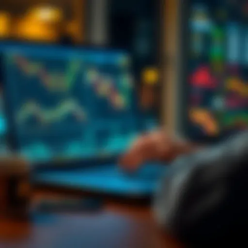 A person analyzing cryptocurrency trends on a laptop with market charts displayed, showing fluctuations in prices.