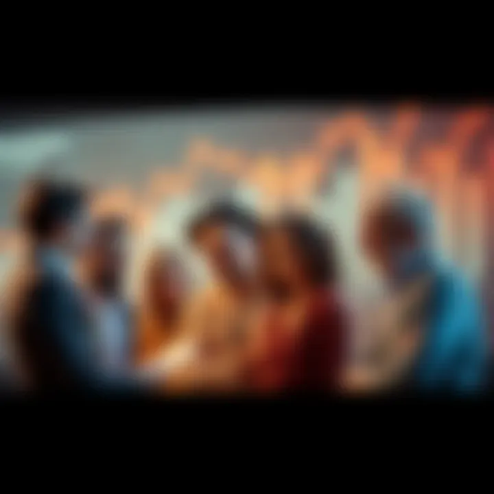 A group of diverse people discussing investment opportunities, with charts and graphs in the background showing rising trends.