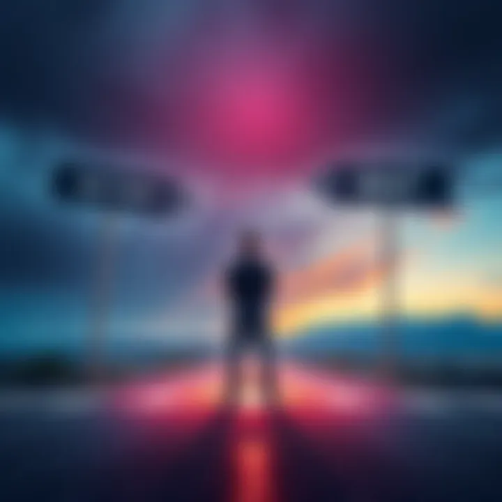 A person standing at a crossroads with signs pointing to 'Buy Now' and 'Wait' indicating investment options.