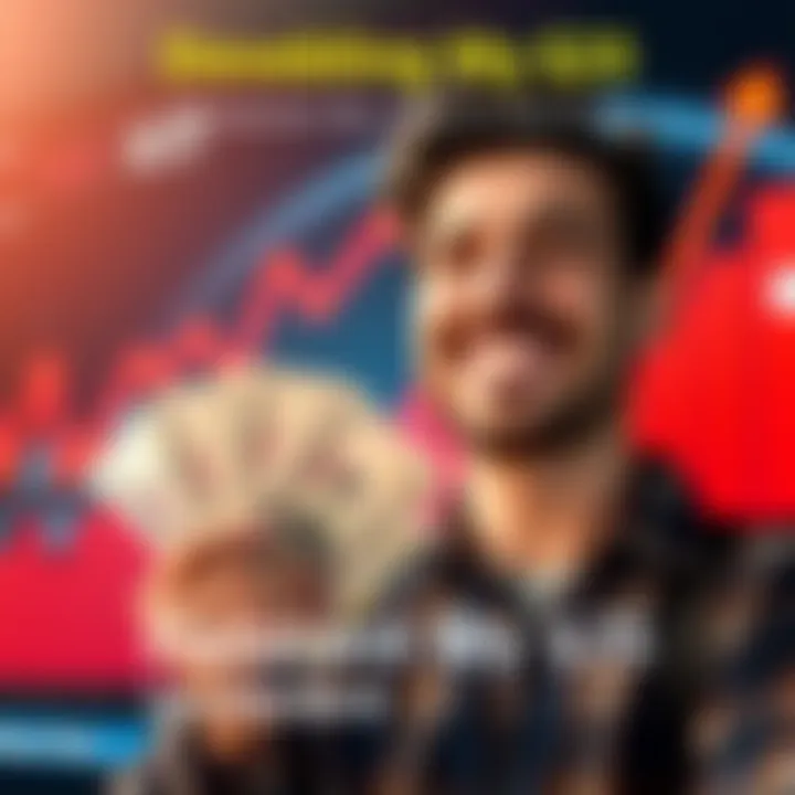 Investment Growth A person smiling while holding cash and a chart showing upward trends in the background